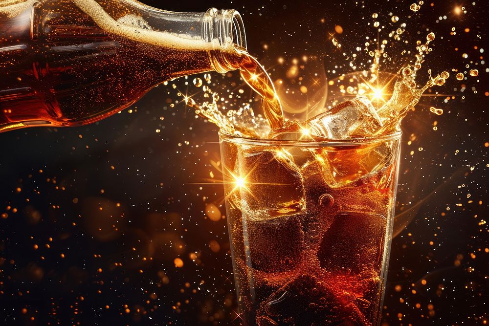 Pouring cola from bottle into glass with splashing pouring drink soda.