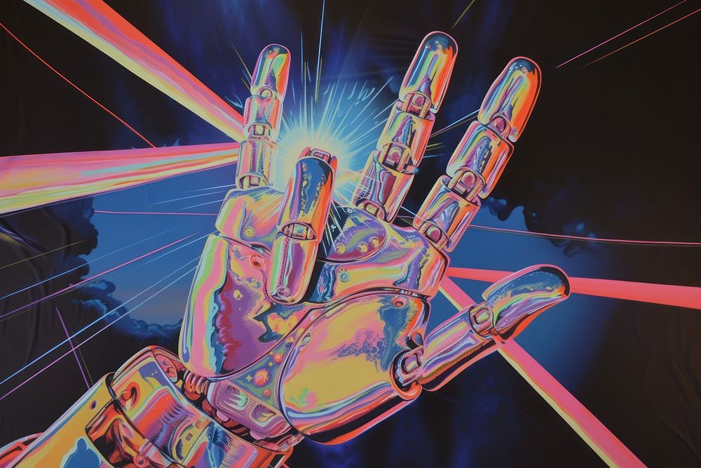 Robotic hand V Sign light art futuristic.