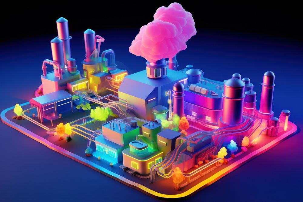 3d model factory pollution light illuminated technology.