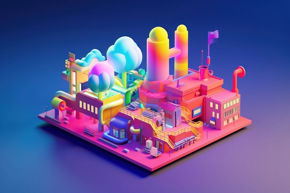 3d model factory pollution toy architecture illuminated.