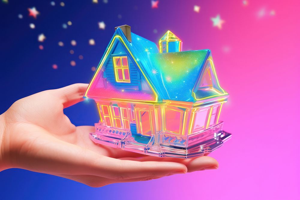 3d model hand holding house confectionery architecture illuminated.
