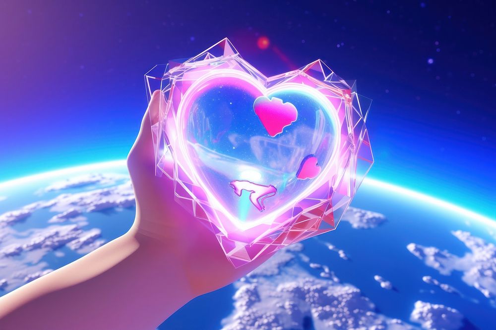 3d model hand holding heart space futuristic astronomy.