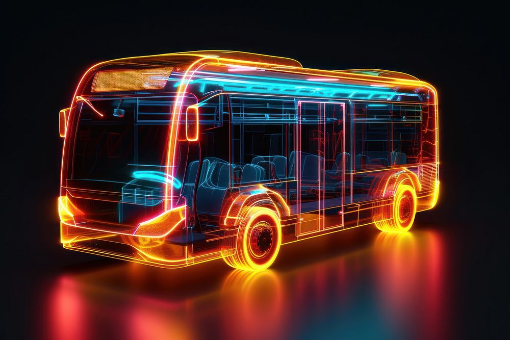 3d render of glowing bus vehicle black background transportation.