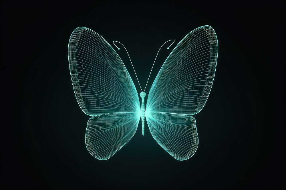 Neon butterfly wireframe light pattern magnification.