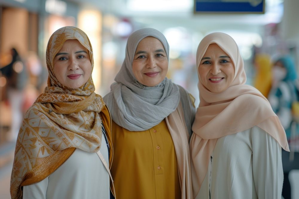 Three Muslim mature woman shopping together scarf happy togetherness.
