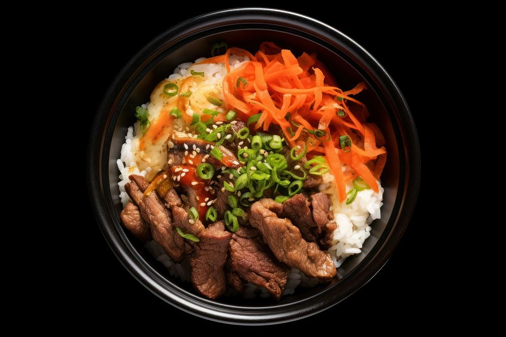 Japanese beef donburi in a black bowl noodle meat food.