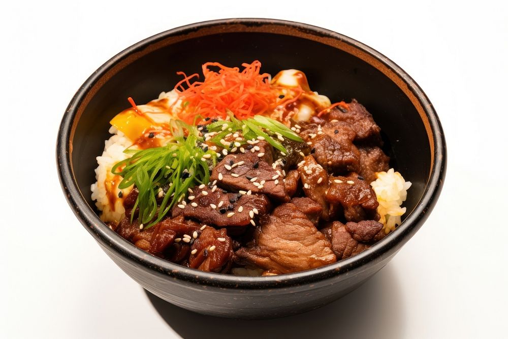 Japanese beef donburi in a black bowl meat meal food.
