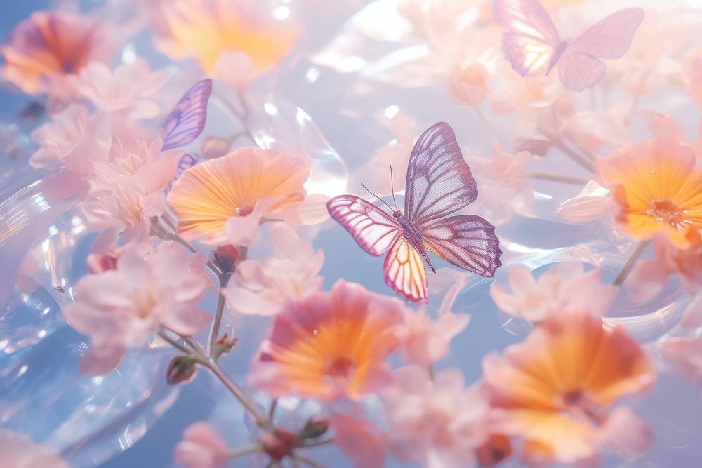 Aesthetic butterfly background holography flower outdoors blossom.