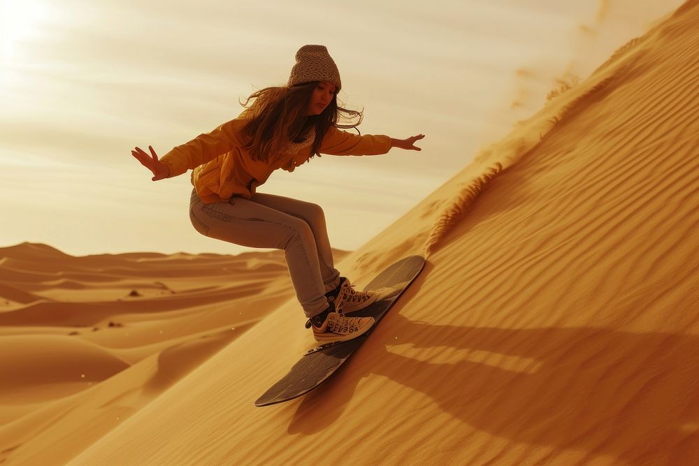 Tourist Sandboarding girl In the Desert desert skateboard adventure.
