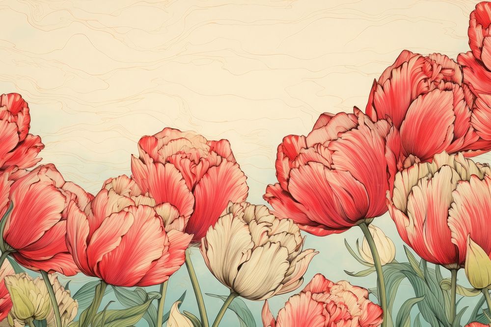 Ukiyo-e art tulip border backgrounds pattern drawing.