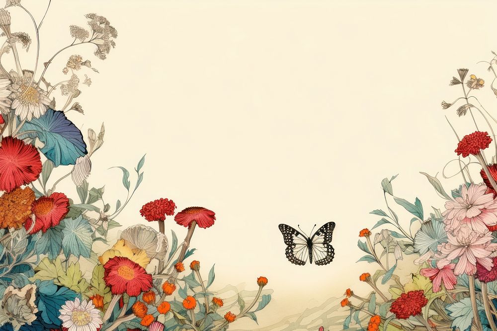 Ukiyo-e art wildflower border butterfly backgrounds pattern.