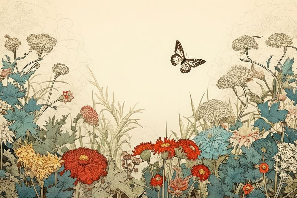 Ukiyo-e art wildflower border butterfly | Premium Photo Illustration ...