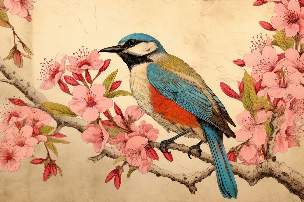 Cherry blossom border bird art painting.