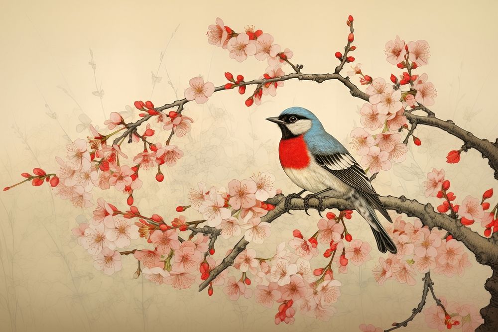 Ukiyo-e art bird cherry blossom flower plant red.