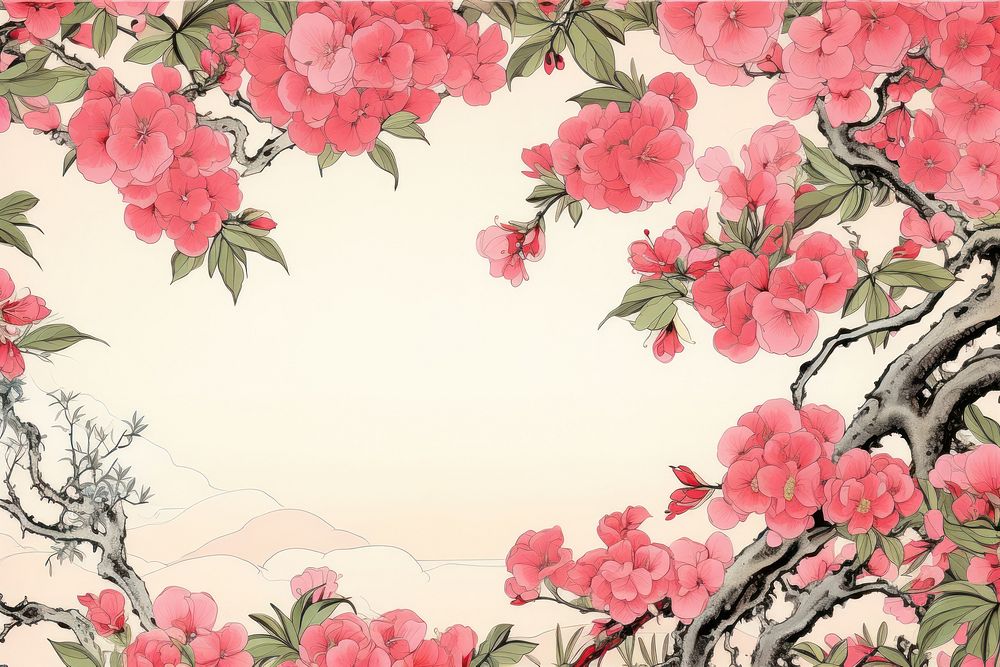 Ukiyo-e art bougainvillea frame backgrounds outdoors blossom.