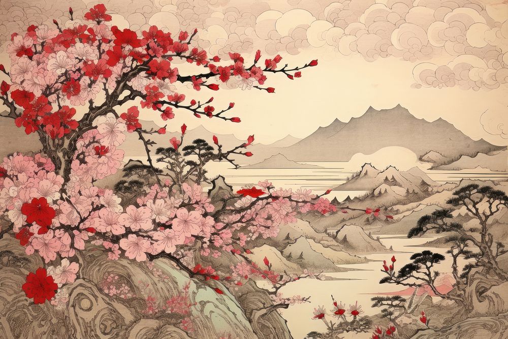 Ukiyo-e art cherry blossom painting flower plant.