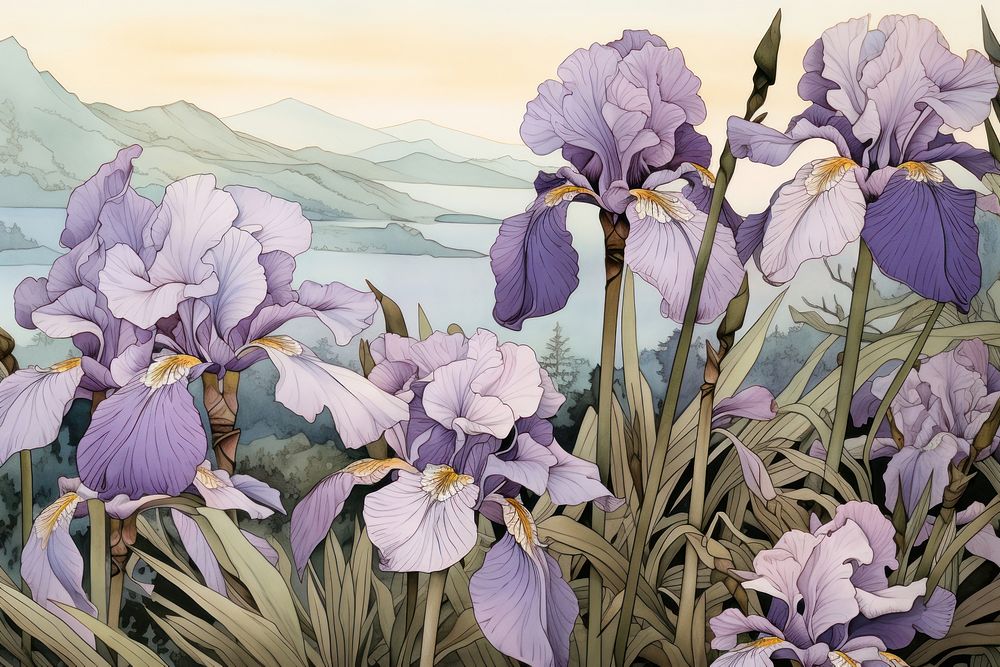 Ukiyo-e art iris blossom flower purple.