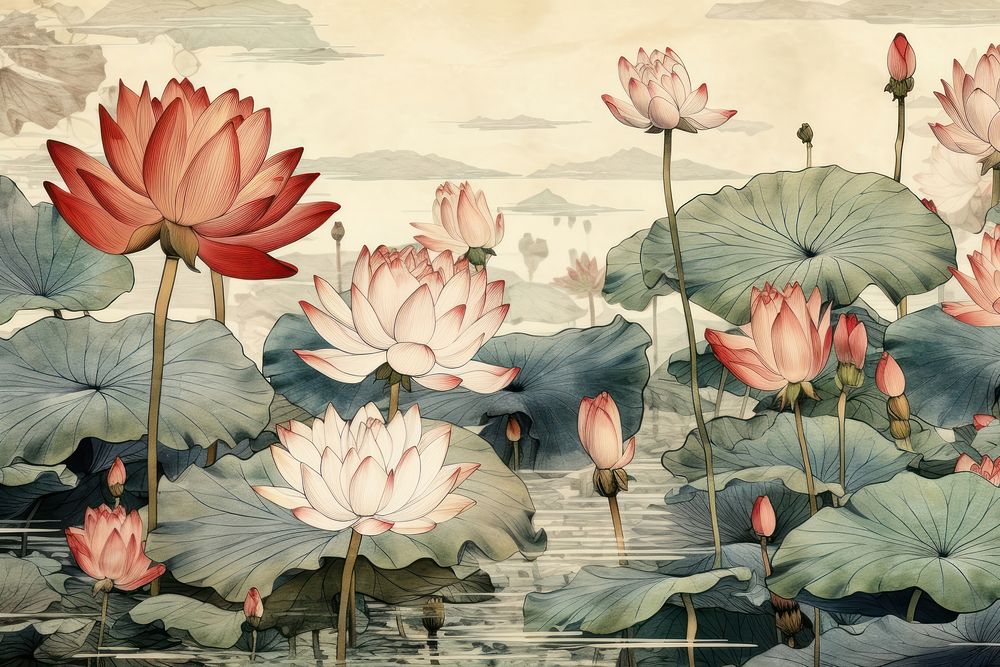 Ukiyo-e art lotus pond painting flower plant.