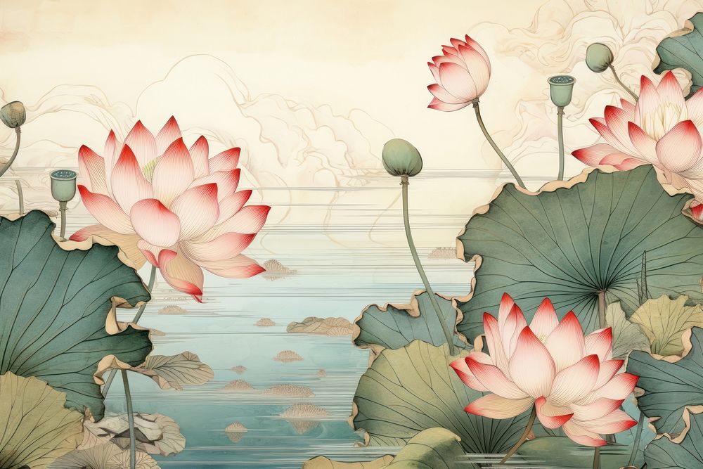 Ukiyo-e art lotus pond backgrounds flower plant.