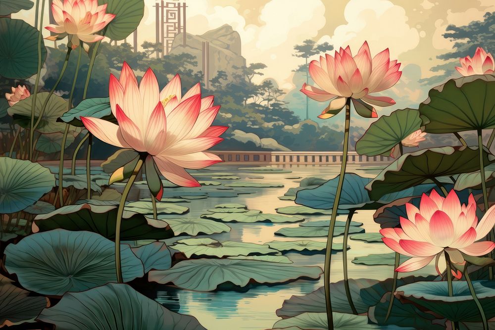Ukiyo-e art lotus pond outdoors nature flower.