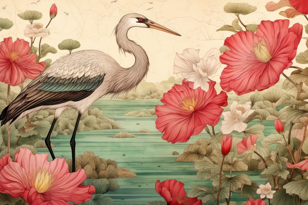 Ukiyo-e art lotus pond painting animal flower.