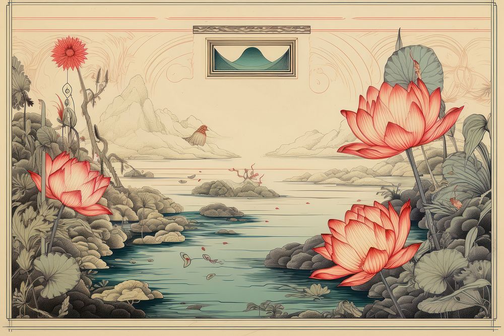 Ukiyo-e art lotus pond border painting drawing flower.