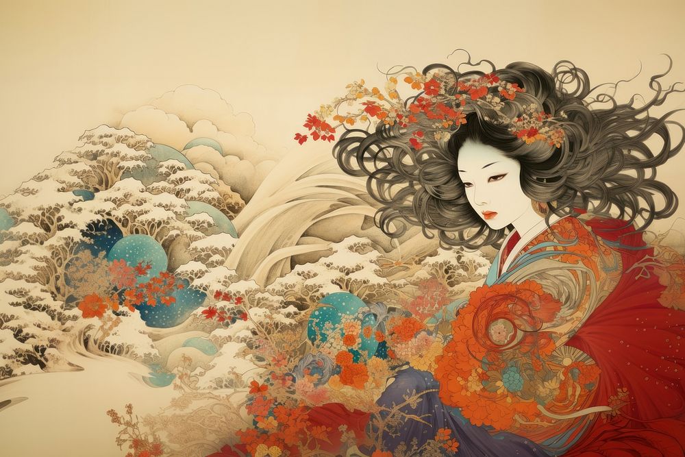Ukiyo-e art merigold painting red representation.