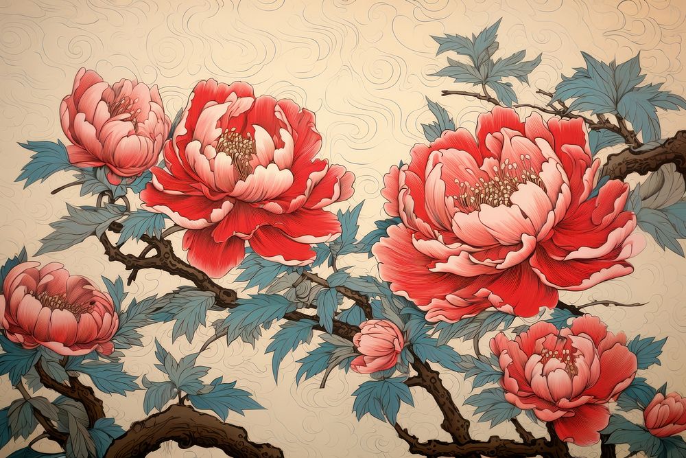 Ukiyo-e art peony painting pattern flower.