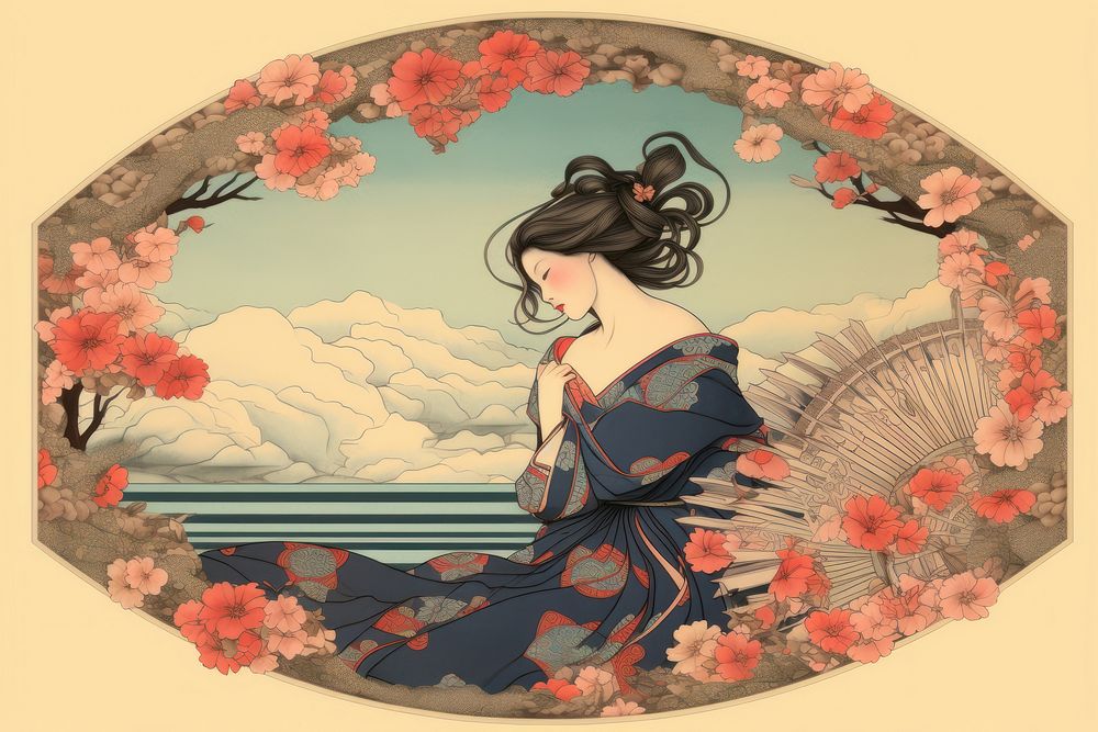 Ukiyo-e art petal frame painting fashion adult.