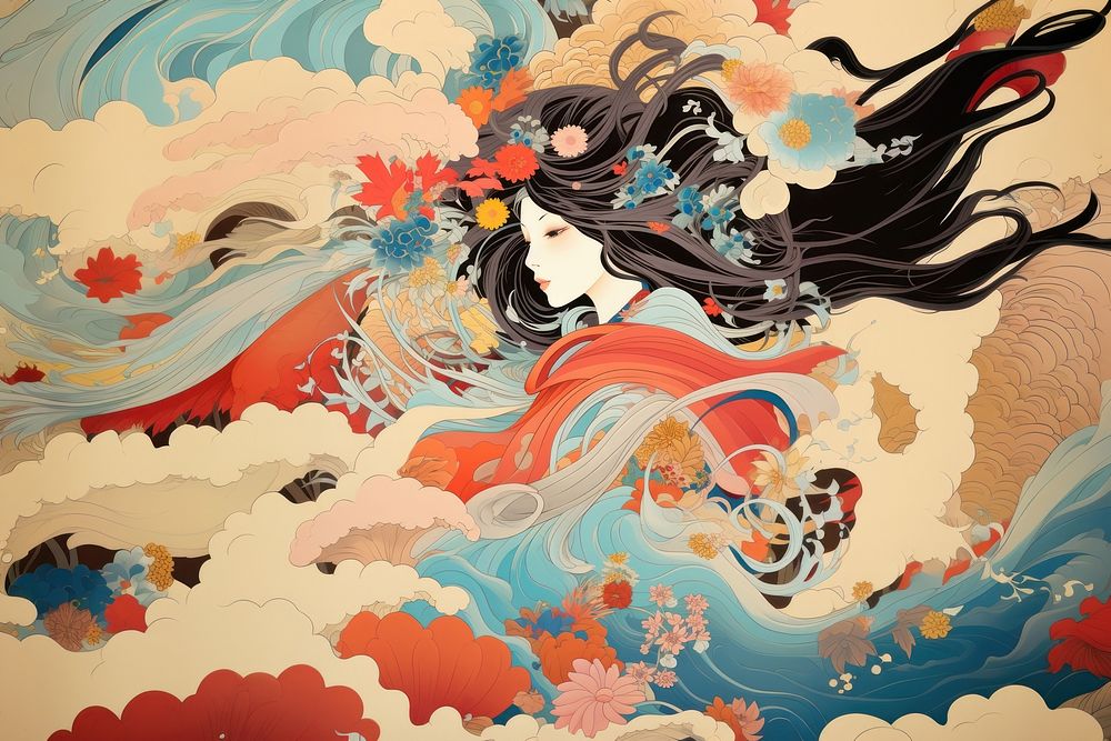 Ukiyo-e art petal backgrounds painting anime.