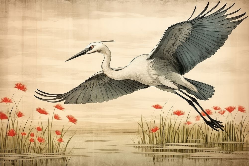 Ukiyo-e art pond flying animal bird.