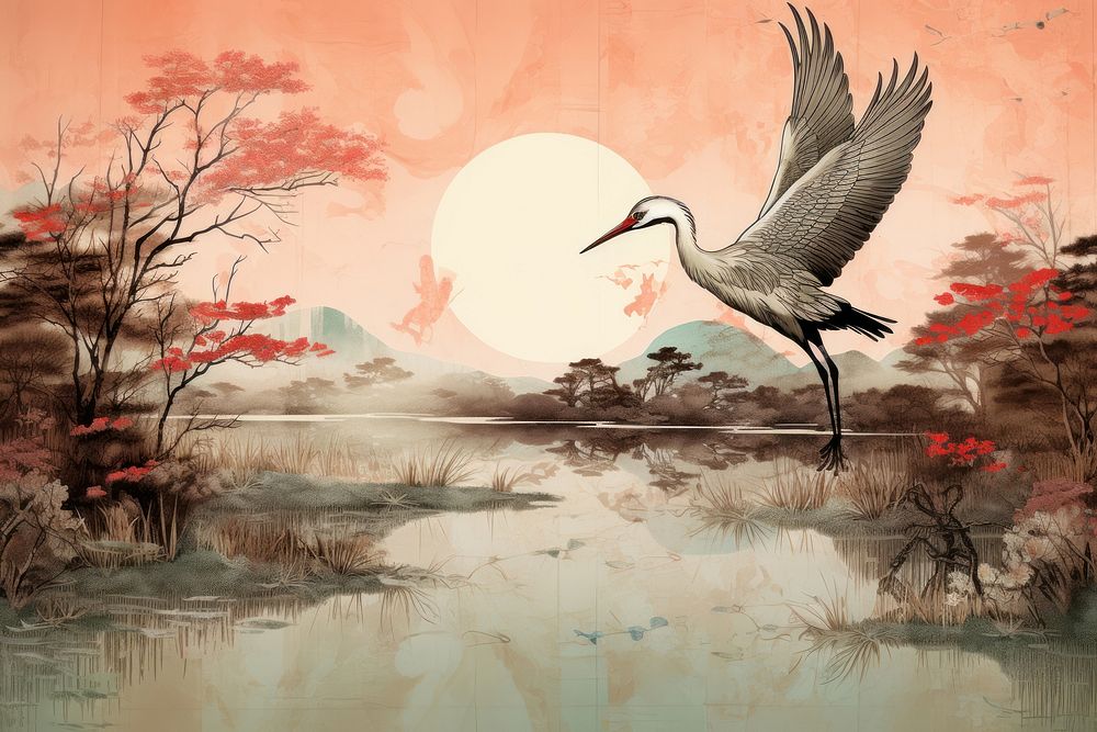 Ukiyo-e art pond painting animal flying.