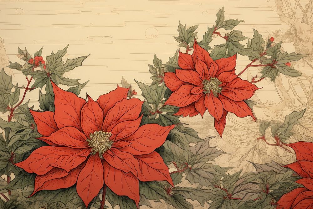 Ukiyo-e art poinsettia backgrounds pattern flower.