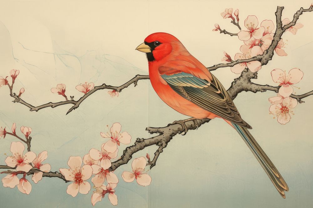 Ukiyo-e art red bird on branch flower animal plant.