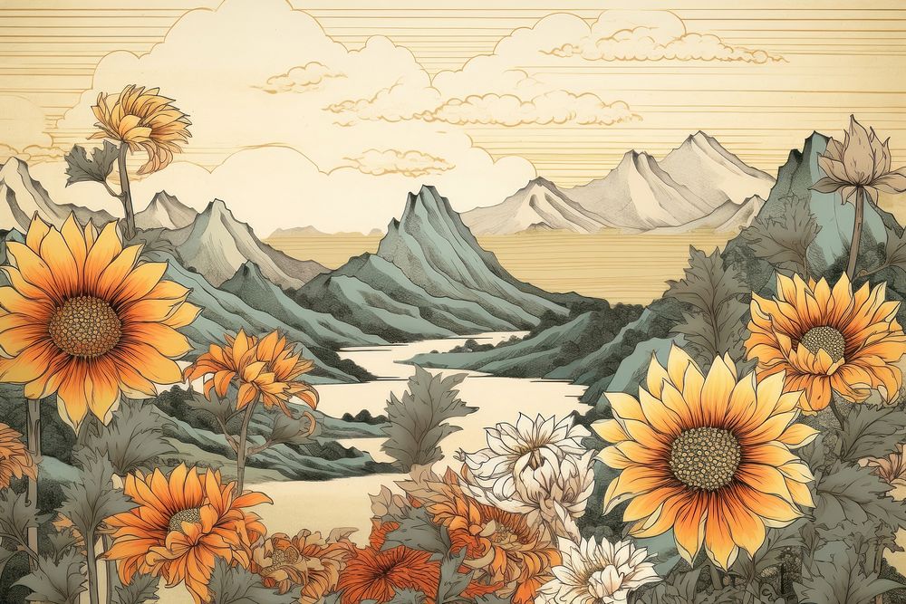 Ukiyo-e art sunflower border backgrounds mountain painting.
