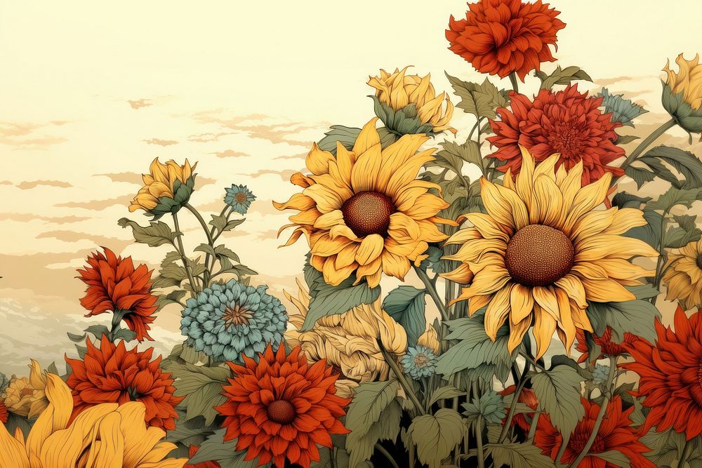 Ukiyo-e art sunflower border backgrounds painting pattern.