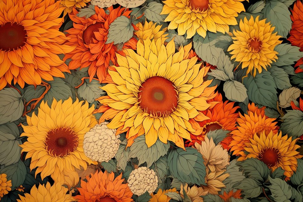 Ukiyo-e art sunflower backgrounds pattern plant.
