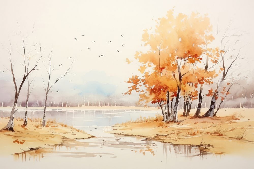 Watercolor autumn landscape painting outdoors nature.