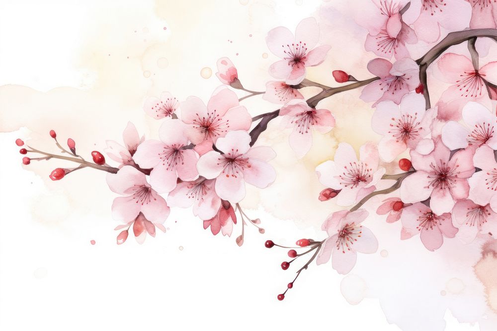 Watercolor cherry blossom flower plant inflorescence.