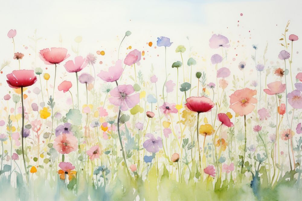 Watercolor wild flower lanscape painting backgrounds outdoors.