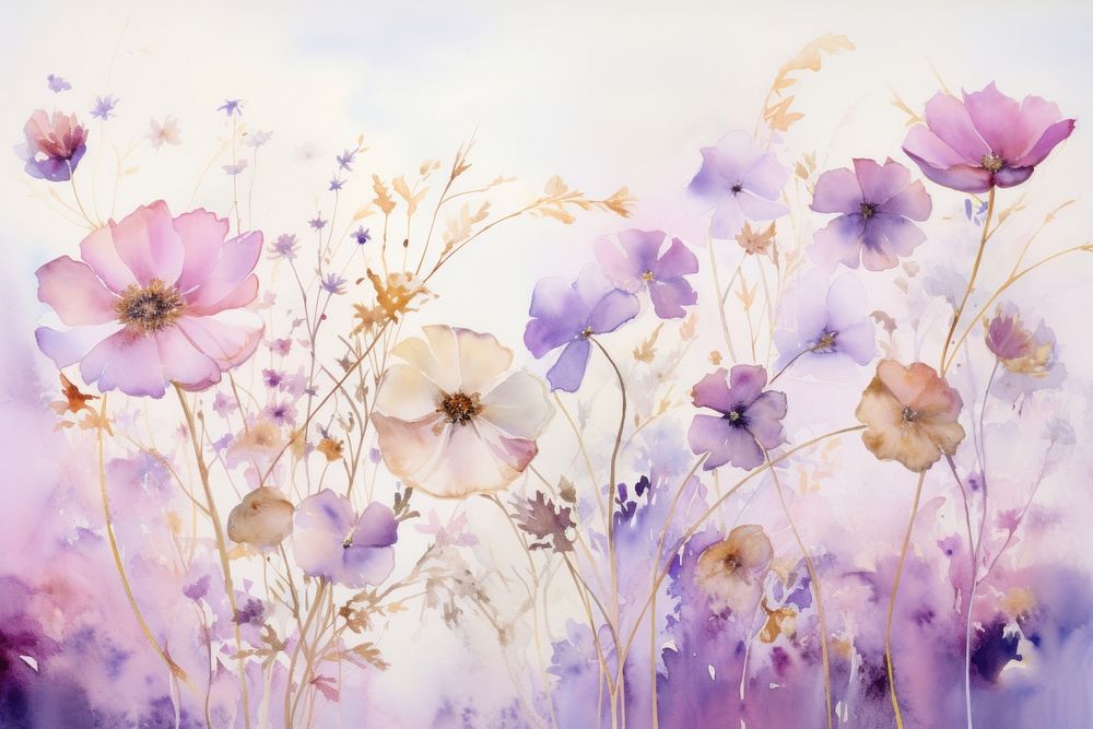 Watercolor wild flower lanscape painting backgrounds outdoors.