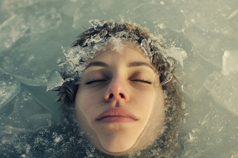 Woman ice or winter Soak in water in a frozen lake portrait swimming contemplation.