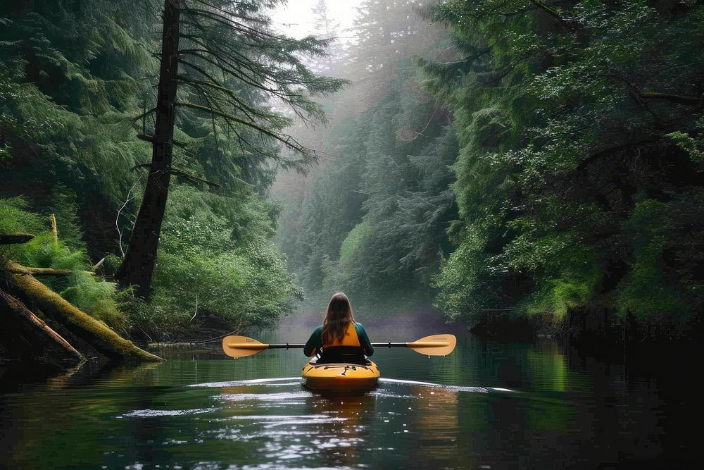Women with kayak in deep forest river recreation kayaking canoeing.