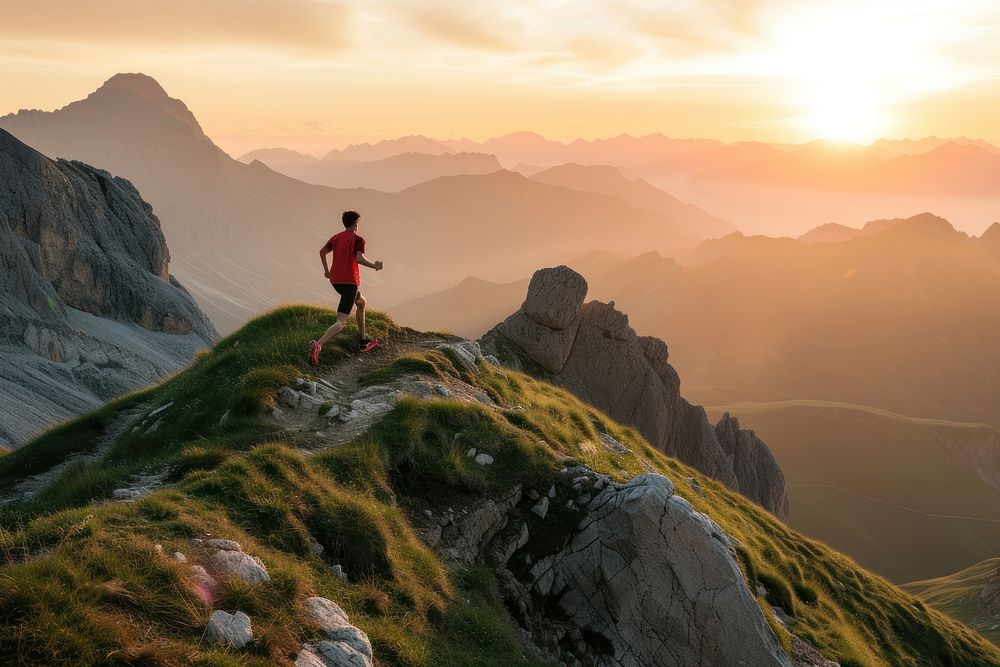 Young man in sport trail clothes running on Seceda mountain peak at sunrise recreation adventure outdoors.