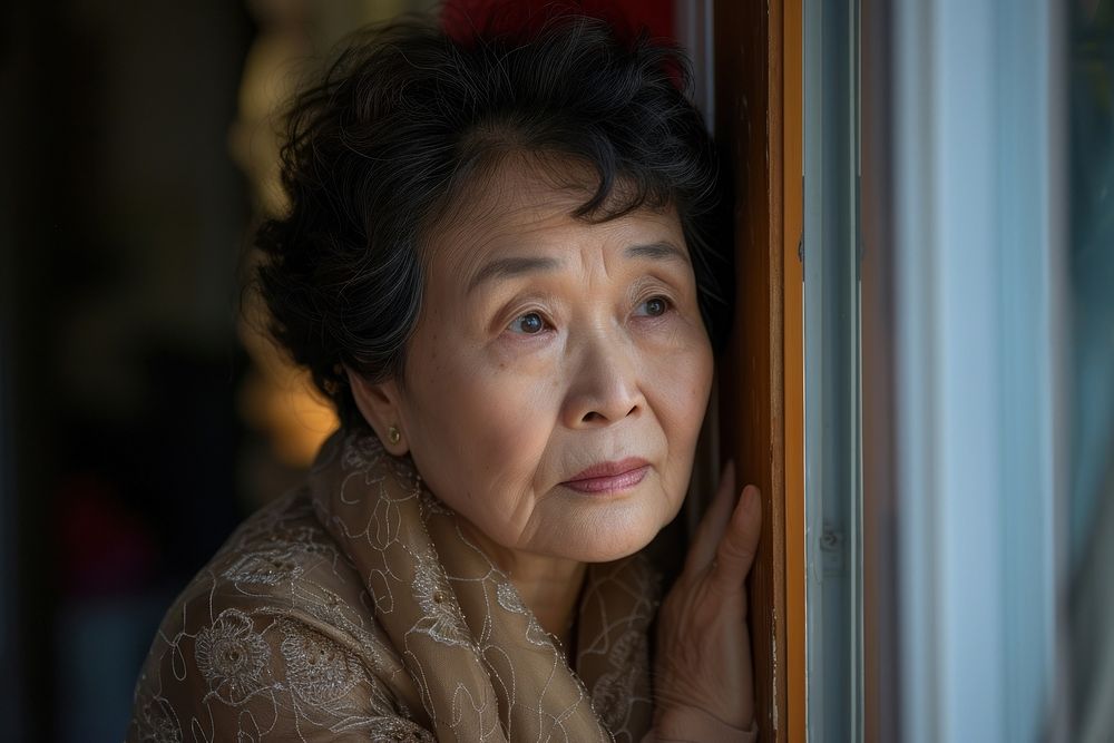 Asian mature woman looking over the door portrait worried adult.