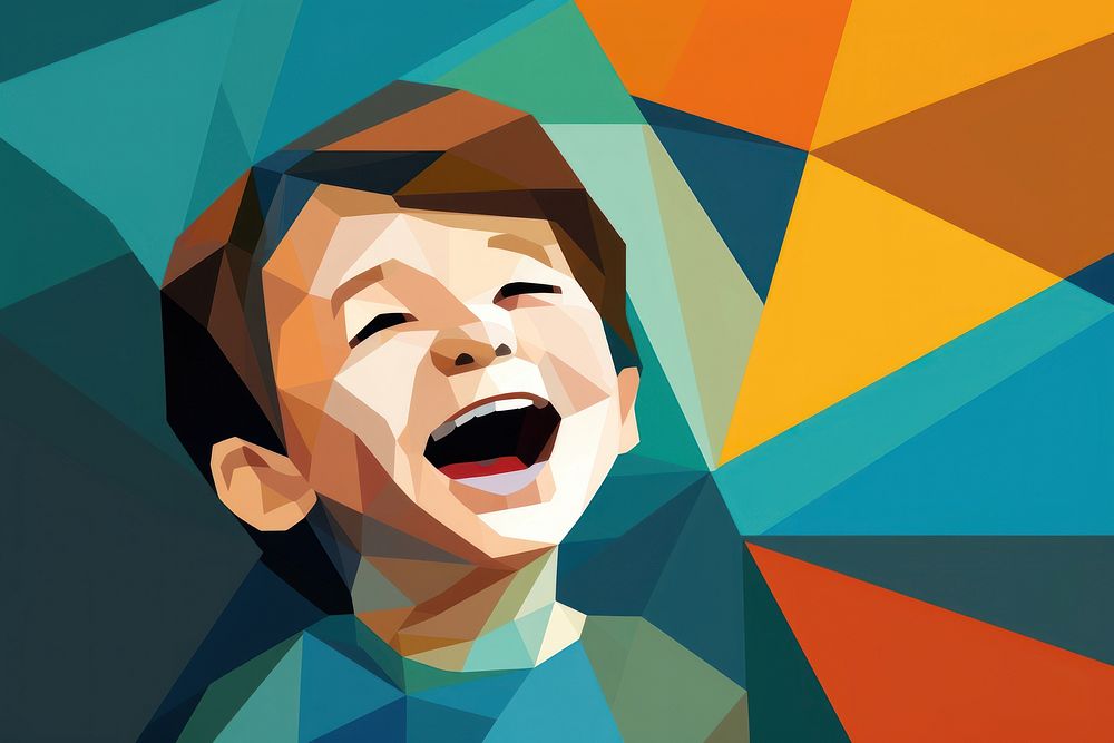 Cubism Painting of a happy child laughing portrait art.