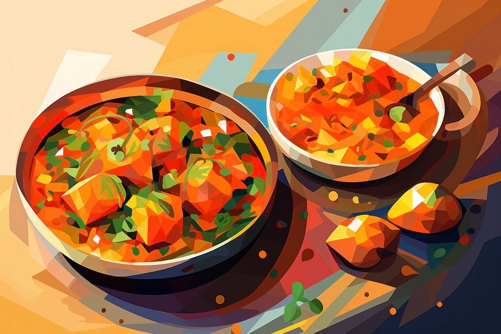 Cubism Painting of a indian food curry spoon stew.