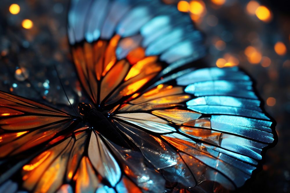 A butterfly wing with blue and orange insect invertebrate illuminated.