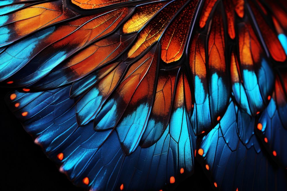 A butterfly wing with blue and orange backgrounds pattern illuminated.