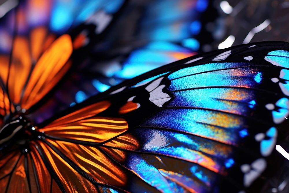 A butterfly wing with blue and orange animal insect invertebrate.